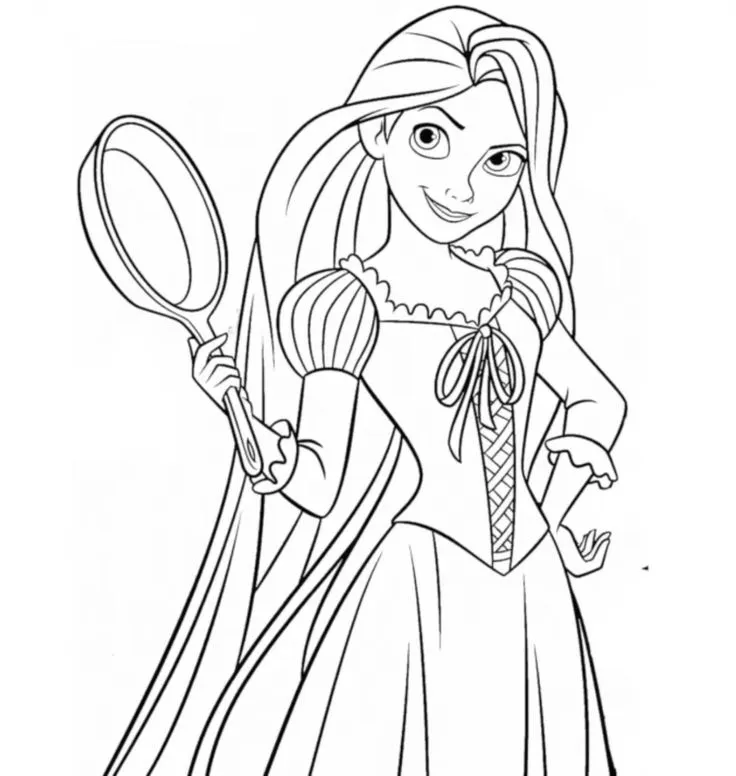 Ver dibujo completo de Rapunzel con Sartén en Pose para colorear Rapunzel con Sartén en Pose para colorear - Dibujo de Rapunzel para imprimir gratis