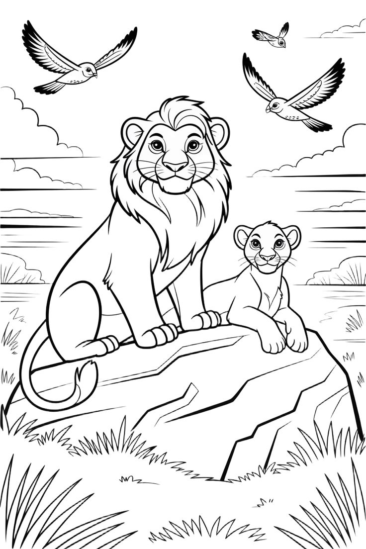 Mufasa y Simba con Pájaros para colorear HD fácil y bonito - Descarga e imprime gratis - Dibujo exclusivo de El