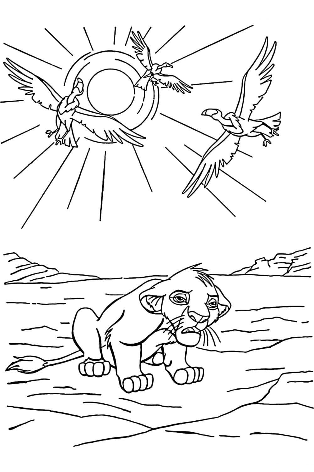 Simba Triste con Pájaros para colorear HD fácil y bonito - Descarga e imprime gratis - Dibujo exclusivo de El