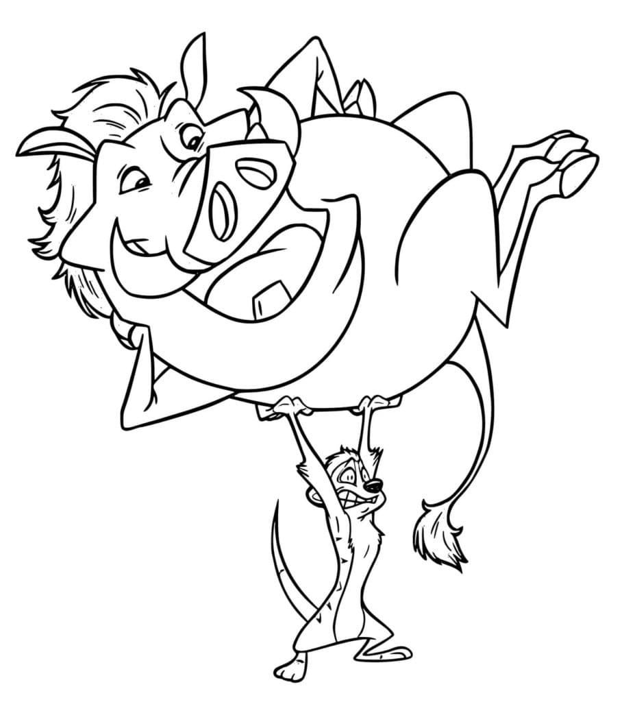 Timón Levantando a Pumba para colorear HD fácil y bonito - Descarga e imprime gratis - Dibujo exclusivo de El