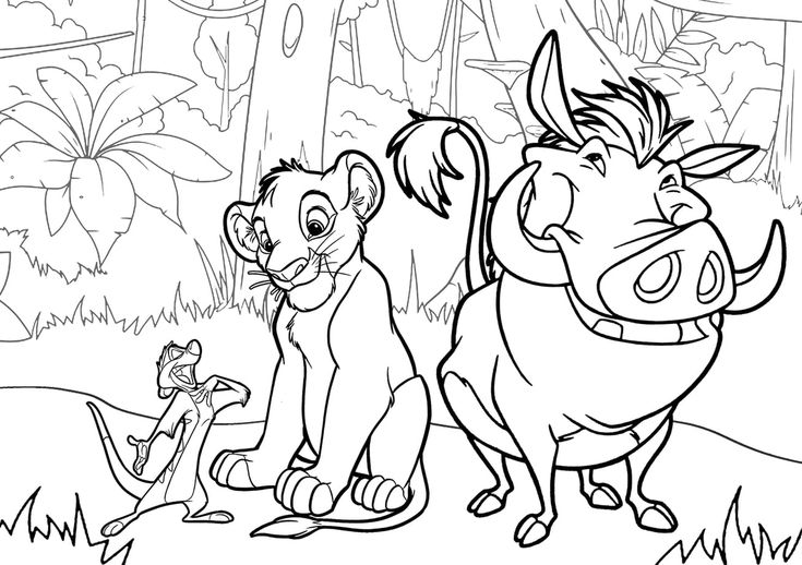 Timón, Simba y Pumba Caminando para colorear HD fácil y bonito - Descarga e imprime gratis - Dibujo exclusivo de El