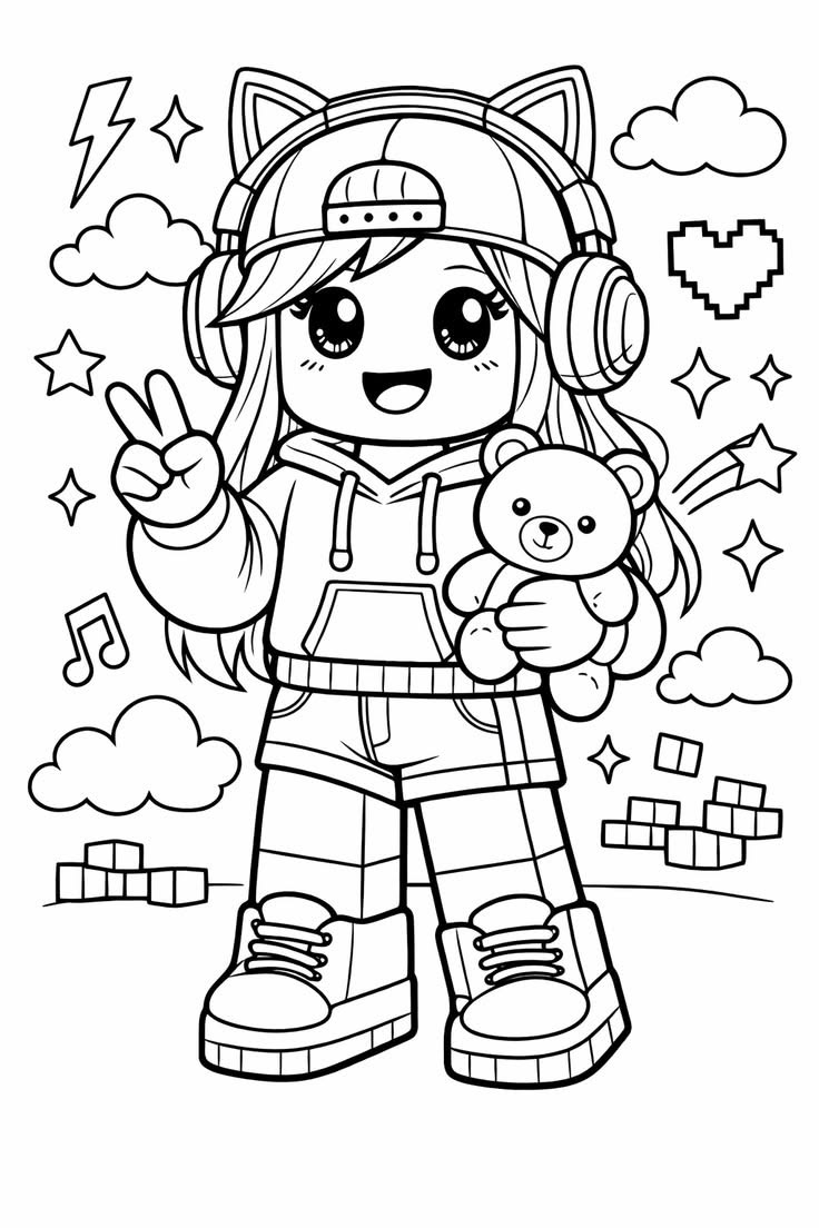 Chica Roblox con Oso para colorear HD fácil y bonito - Descarga e imprime gratis - Dibujo exclusivo de Roblox