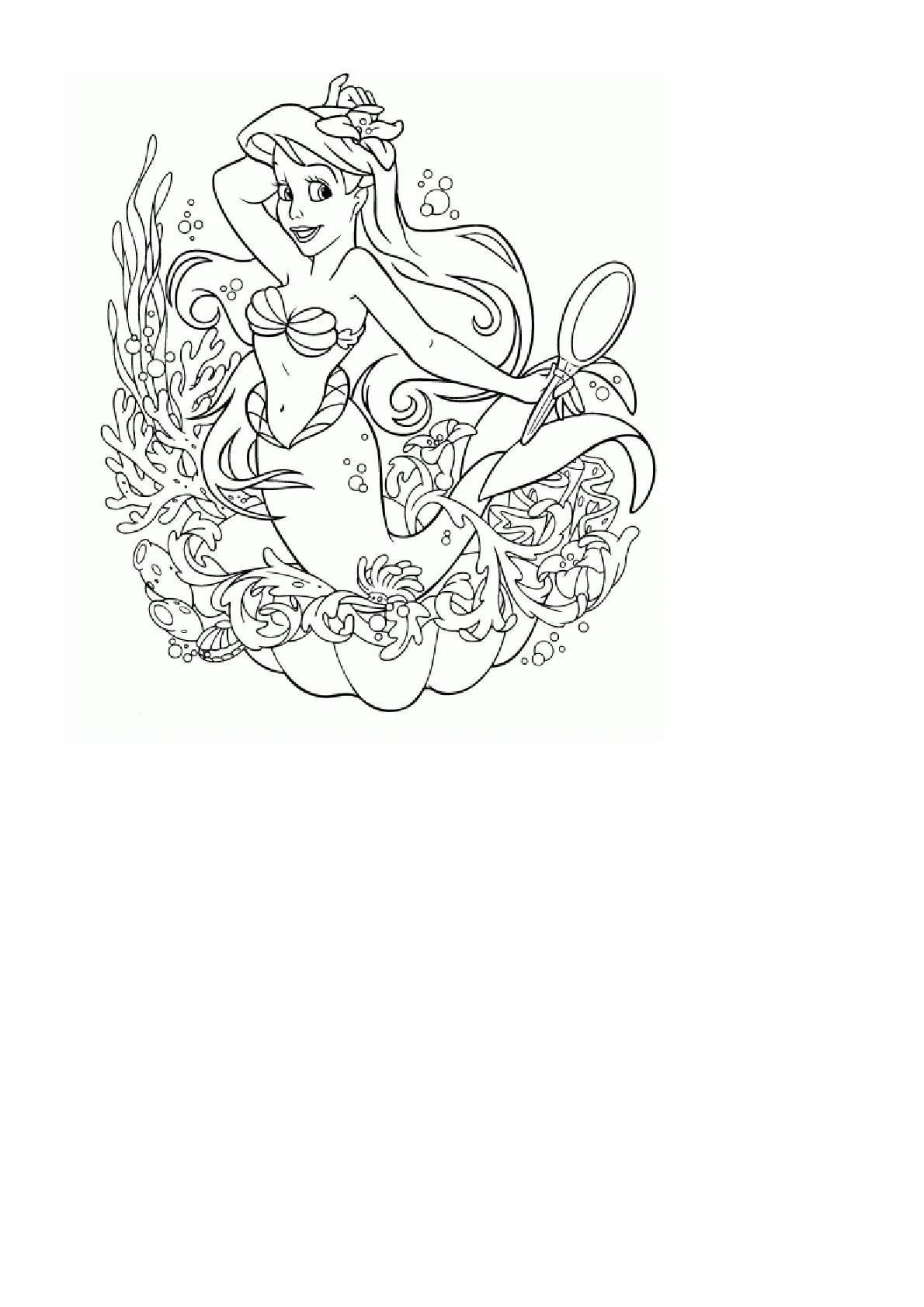 Ariel con Espejo y Coral para colorear HD fácil y bonito - Descarga e imprime gratis - Dibujo exclusivo de Sirenita
