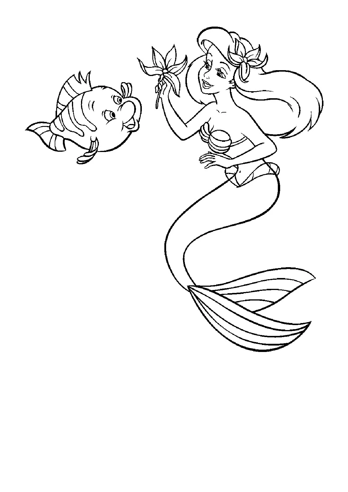 Ariel, Flounder y Flor para colorear HD fácil y bonito - Descarga e imprime gratis - Dibujo exclusivo de Sirenita