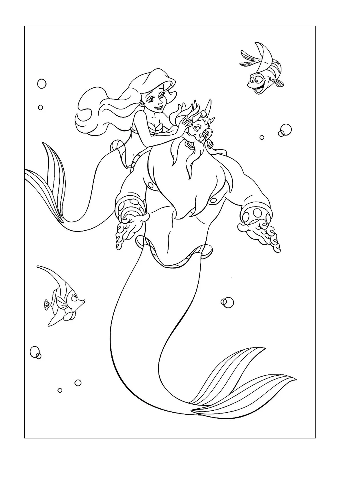Ariel, Tritón y Amigos para colorear HD fácil y bonito - Descarga e imprime gratis - Dibujo exclusivo de Sirenita