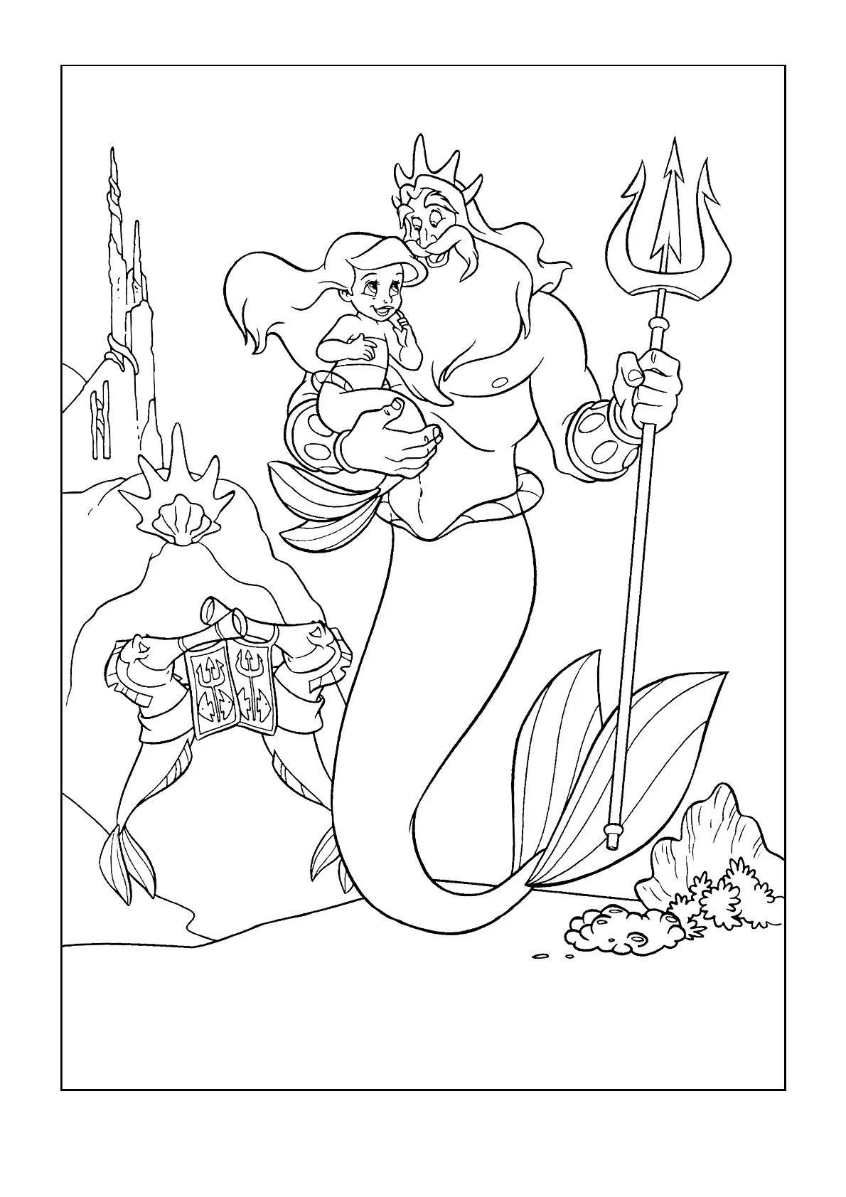 Ariel, Tritón y Tridente para colorear HD fácil y bonito - Descarga e imprime gratis - Dibujo exclusivo de Sirenita