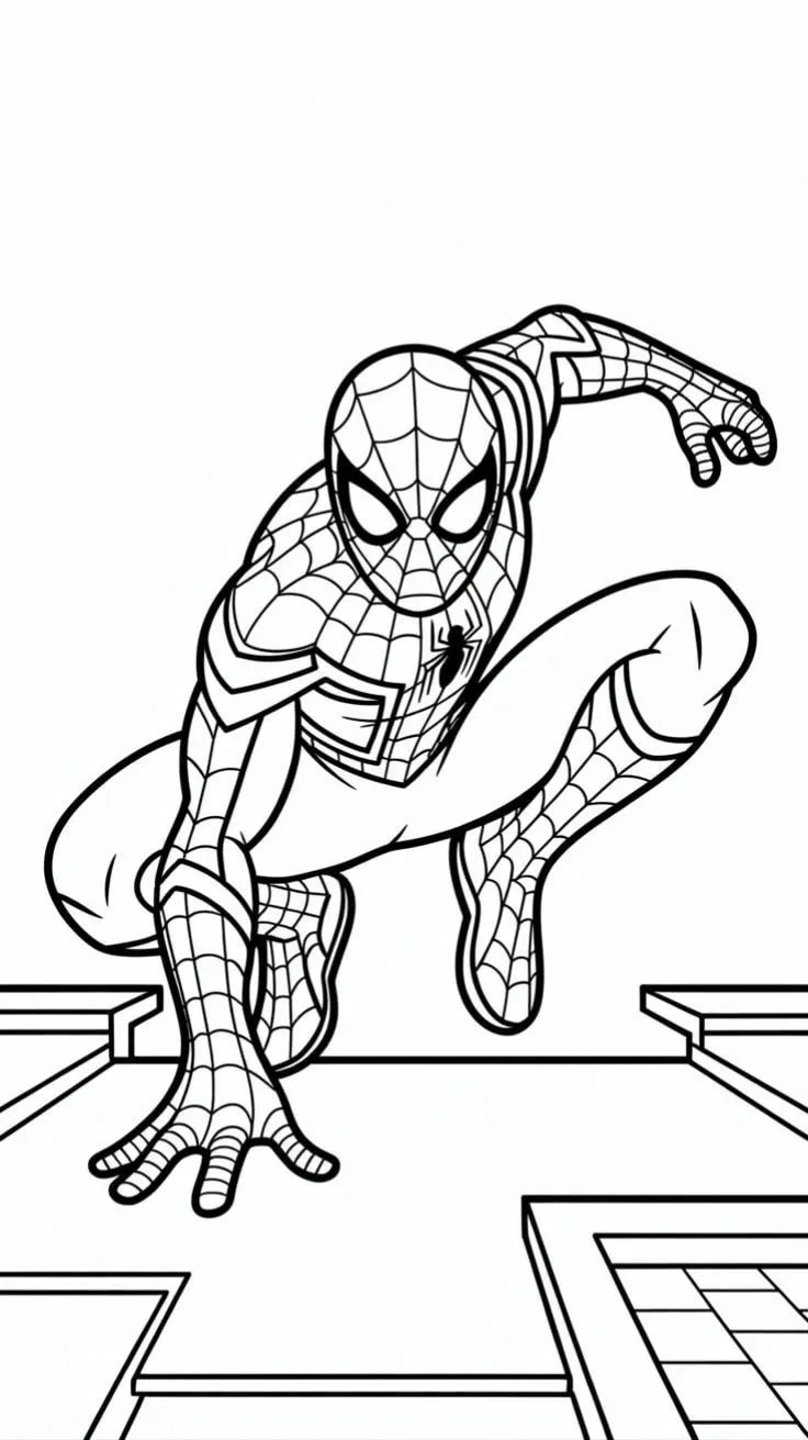 Ver dibujo completo de Spiderman Agachado en Tejado para colorear Dibujo de Spiderman Agachado en Tejado para colorear e imprimir gratis - Plantilla en alta calidad