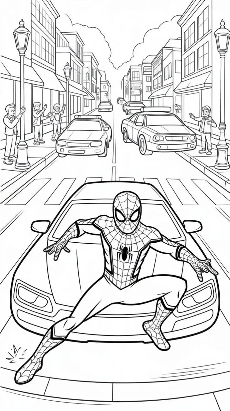 Ver dibujo completo de Spiderman Aterrizando en Calle para colorear Dibujo de Spiderman Aterrizando en Calle para colorear e imprimir gratis - Plantilla en alta calidad