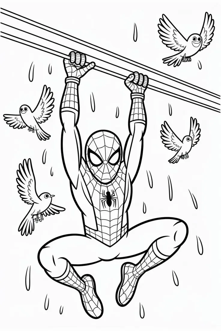 Spiderman Colgado Lluvia con Pájaros para colorear e imprimir Spiderman Colgado Lluvia con Pájaros para colorear