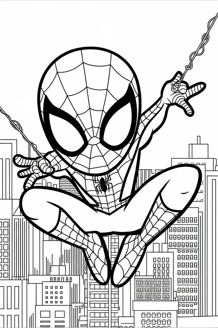 Spiderman Columpiándose para colorear HD fácil y bonito - Descarga e imprime gratis - Dibujo exclusivo de Spiderman