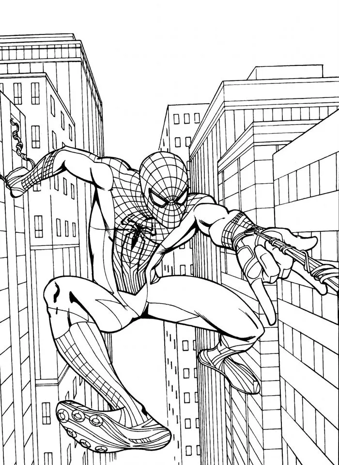 Ver dibujo completo de Spiderman Columpiándose Edificios para colorear Dibujo de Spiderman Columpiándose Edificios para colorear e imprimir gratis - Plantilla en alta calidad