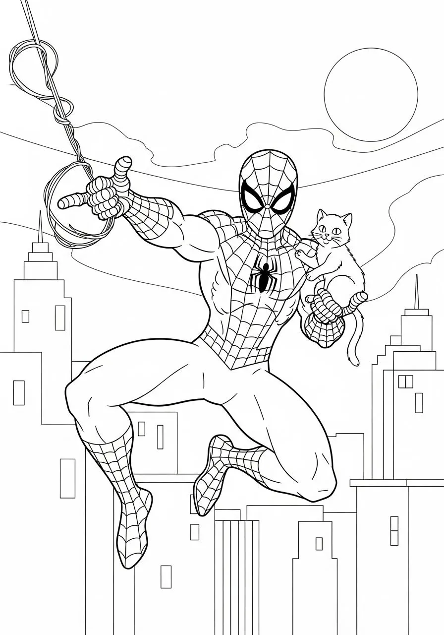 Spiderman Columpiándose con Gato para colorear e imprimir Spiderman Columpiándose con Gato para colorear