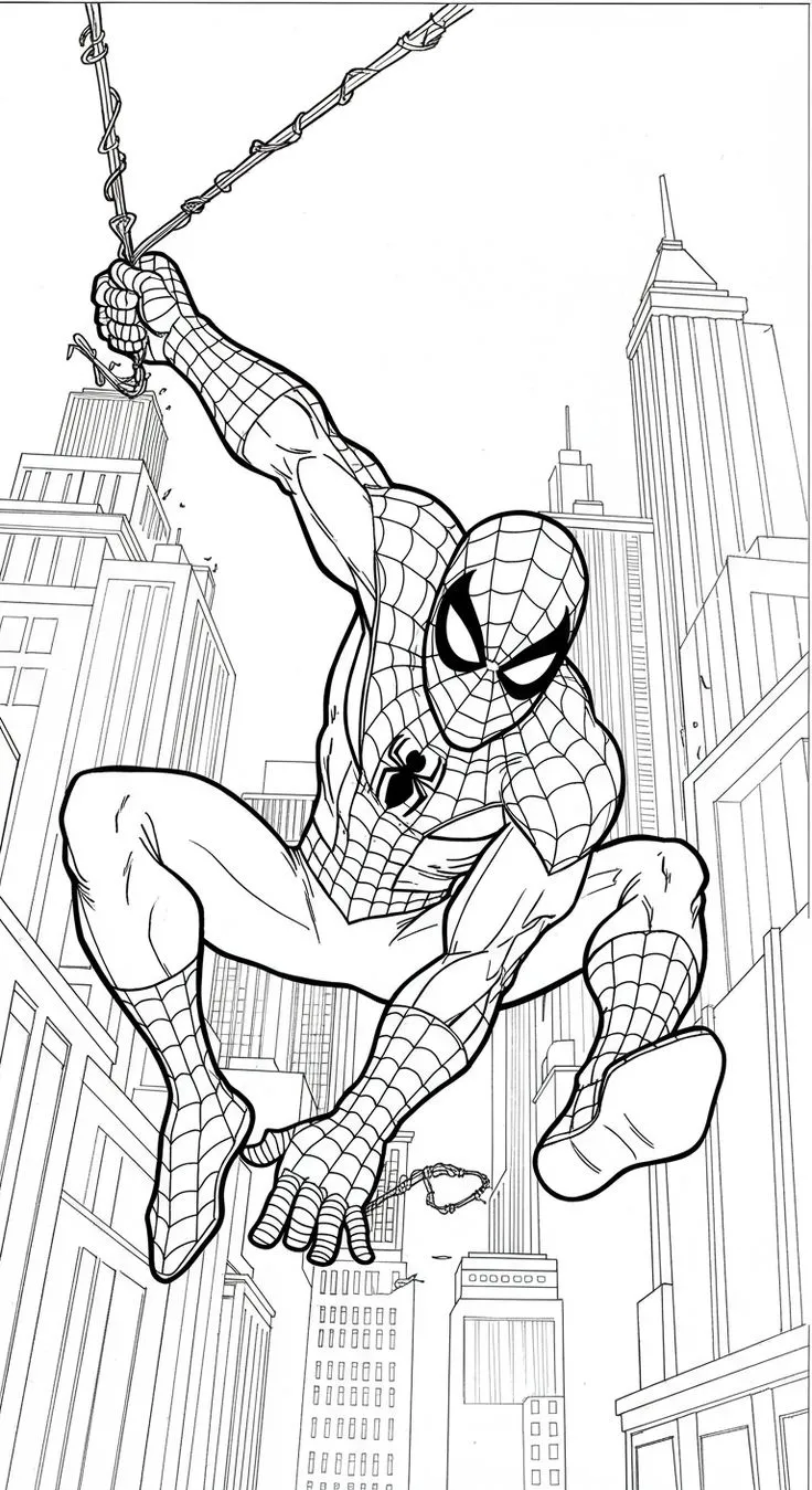 Ver dibujo completo de Spiderman Columpiándose Rascacielos para colorear Dibujo de Spiderman Columpiándose Rascacielos para colorear e imprimir gratis - Plantilla en alta calidad