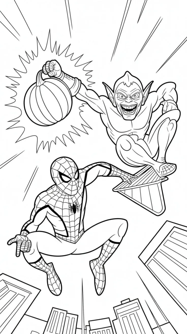 Ver dibujo completo de Spiderman contra Duende Verde para colorear Dibujo de Spiderman contra Duende Verde para colorear e imprimir gratis - Plantilla en alta calidad
