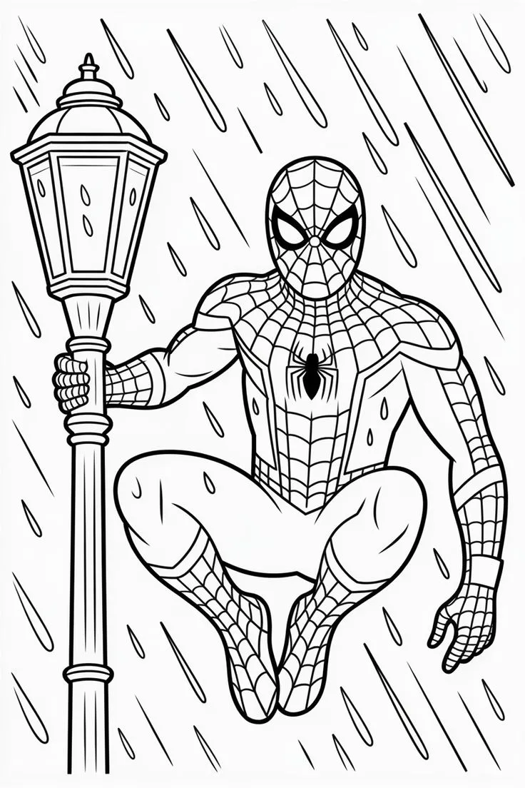 Spiderman en Farola bajo Lluvia para colorear e imprimir Spiderman en Farola bajo Lluvia para colorear
