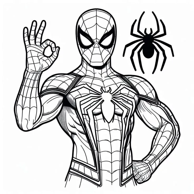 Ver dibujo completo de Spiderman Gesto OK con Araña para colorear Dibujo de Spiderman Gesto OK con Araña para colorear e imprimir gratis - Plantilla en alta calidad