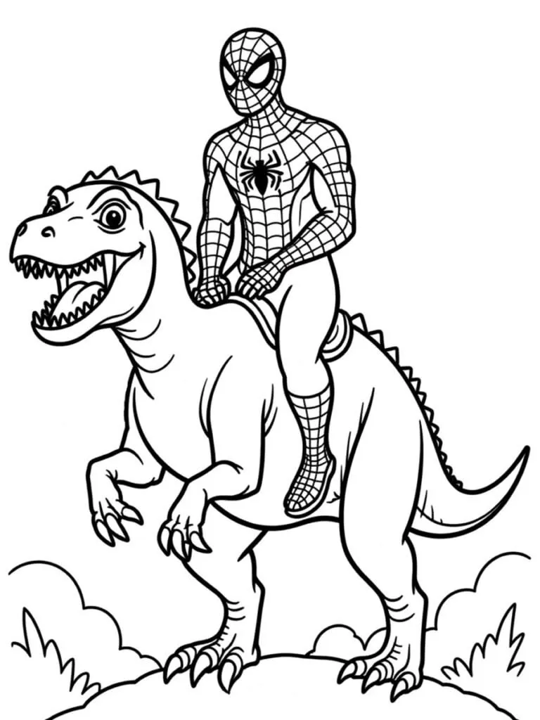 Spiderman Montando Dinosaurio para colorear e imprimir Spiderman Montando Dinosaurio para colorear