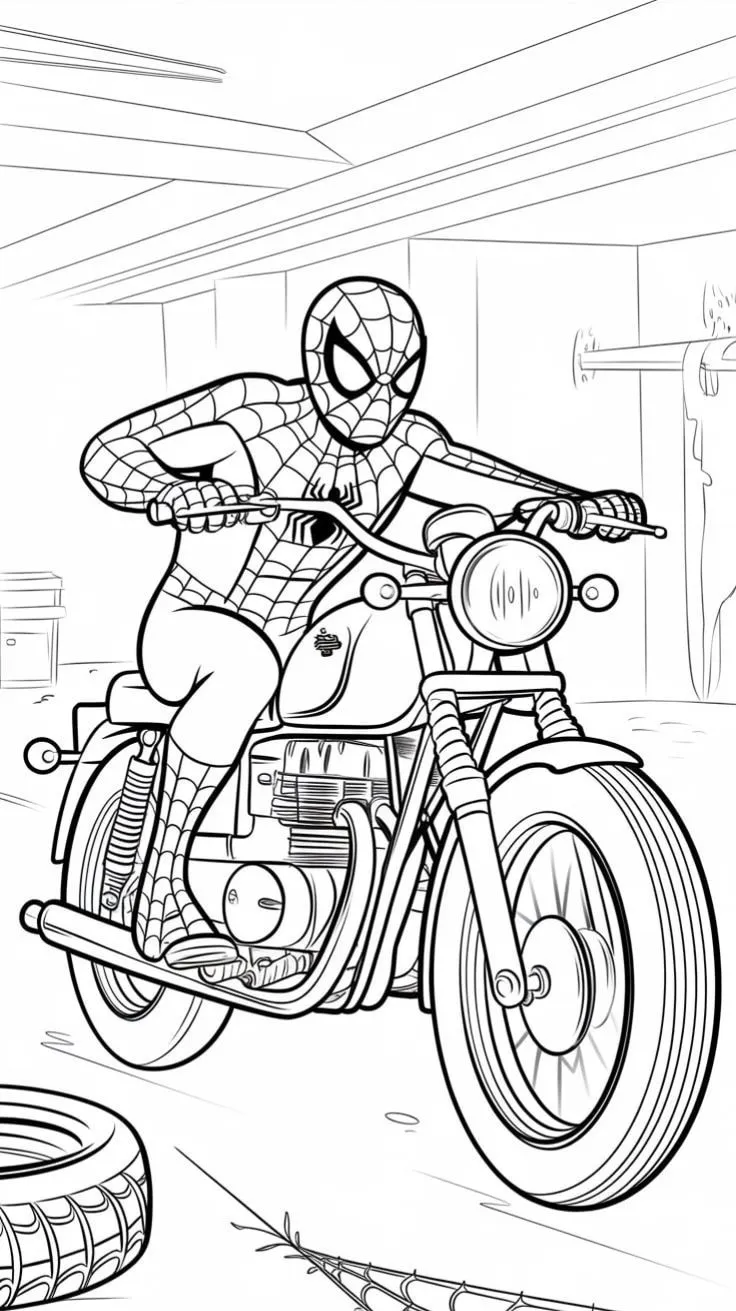 Spiderman en Moto Detalle para colorear HD fácil y bonito - Descarga e imprime gratis - Dibujo exclusivo de Spiderman