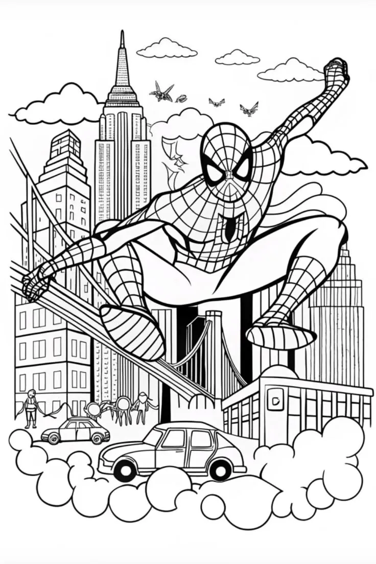 Ver dibujo completo de Spiderman Saltando Nueva York para colorear Dibujo de Spiderman Saltando Nueva York para colorear e imprimir gratis - Plantilla en alta calidad