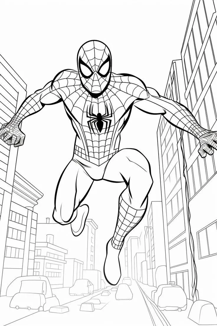 Spiderman Saltando para colorear HD fácil y bonito - Descarga e imprime gratis - Dibujo exclusivo de Spiderman