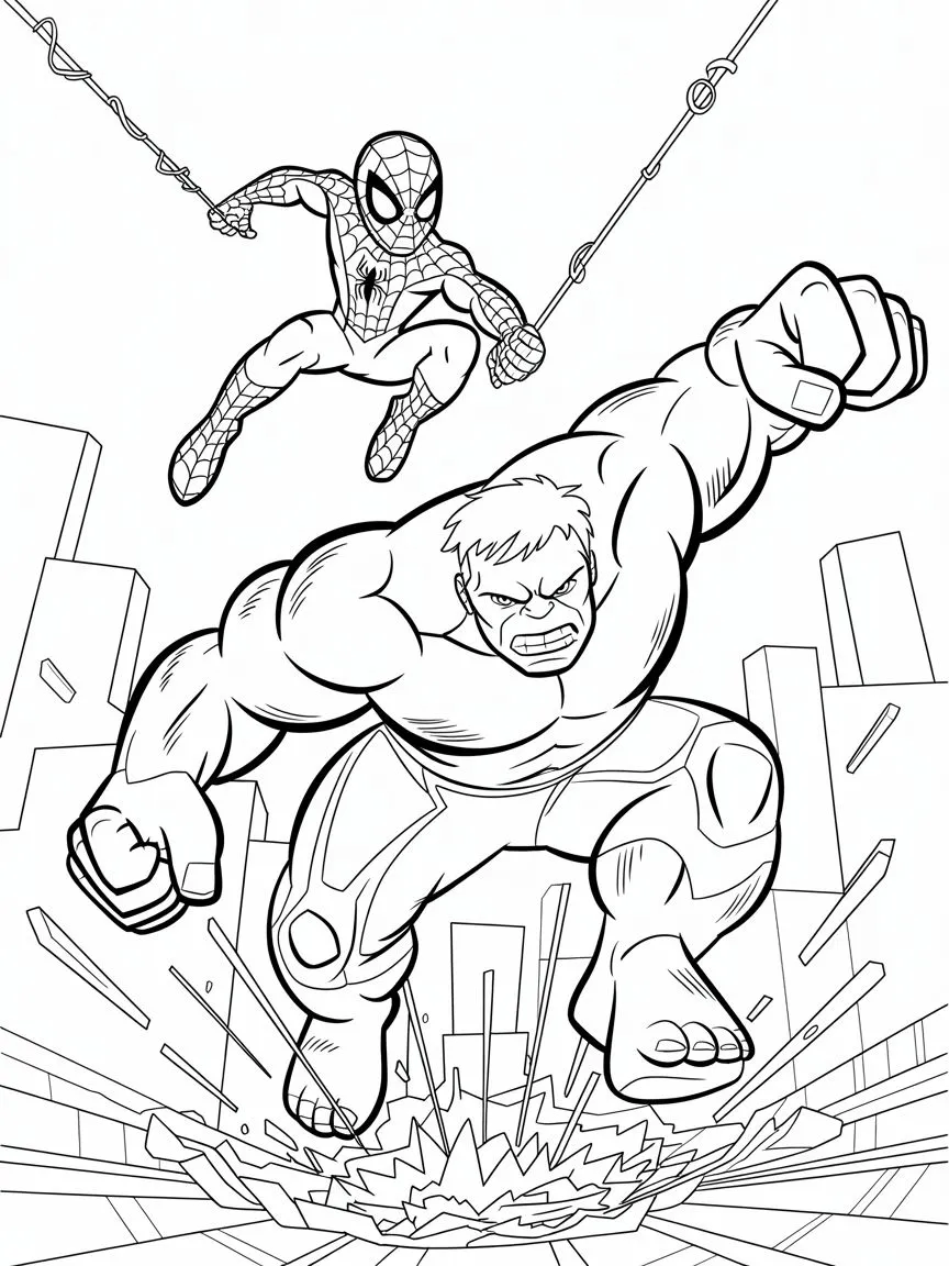 Spiderman y Hulk en Acción para colorear e imprimir Spiderman y Hulk en Acción para colorear