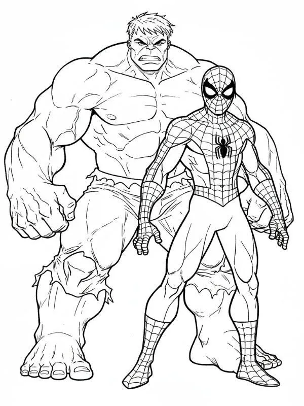 Spiderman y Hulk Posando para colorear e imprimir Spiderman y Hulk Posando para colorear