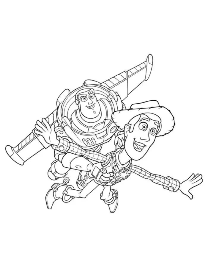 Ver dibujo completo de Buzz y Woody Volando para colorear Dibujo de Buzz y Woody Volando para colorear e imprimir gratis - Plantilla en alta calidad
