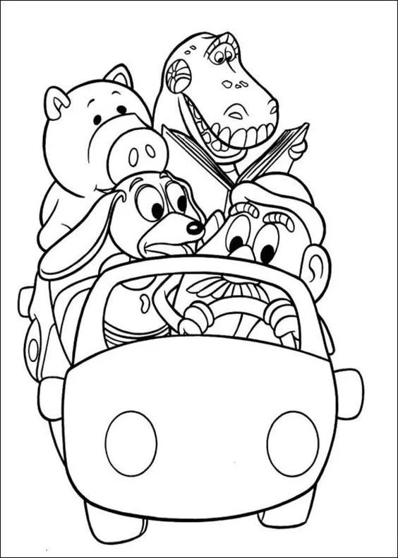 Ver dibujo completo de Hamm, Rex y Slinky en Coche para colorear Dibujo de Hamm, Rex y Slinky en Coche para colorear e imprimir gratis - Plantilla en alta calidad