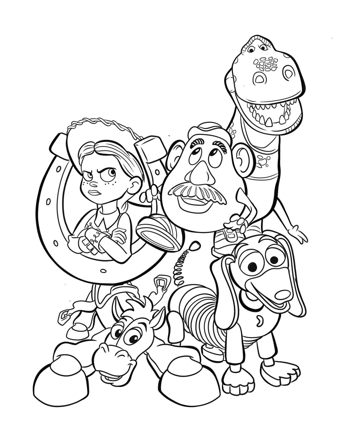 Ver dibujo completo de Jessie, Cara de Papa, Rex, Slinky y Perdigón para colorear Dibujo de Jessie, Cara de Papa, Rex, Slinky y Perdigón para colorear e imprimir gratis - Plantilla en alta calidad