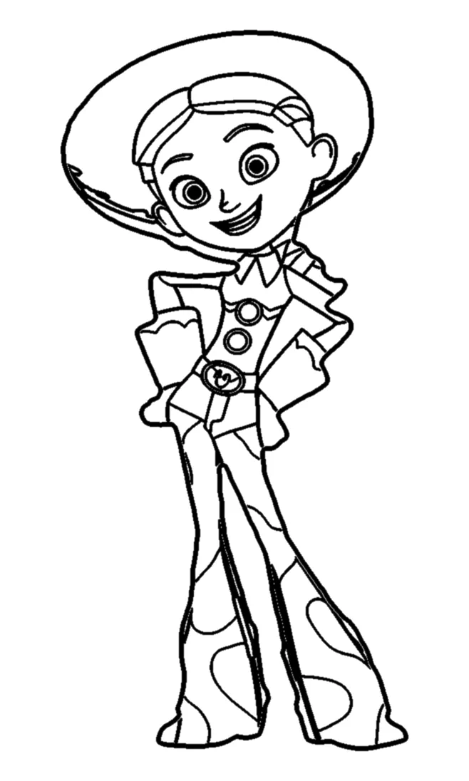 Jessie la Vaquera con Sombrero y las Manos en la Cintura para colorear e imprimir Jessie la Vaquera con Sombrero y las Manos en la Cintura para colorear - Toy Story: Jessie posa con las manos en la cintura, la cabeza un poco ladeada y una sonrisa enorme