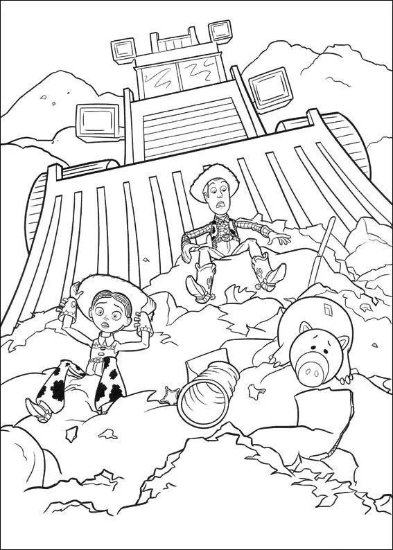 Ver dibujo completo de Jessie, Woody y Hamm en el Basurero para colorear Dibujo de Jessie, Woody y Hamm en el Basurero para colorear e imprimir gratis - Plantilla en alta calidad