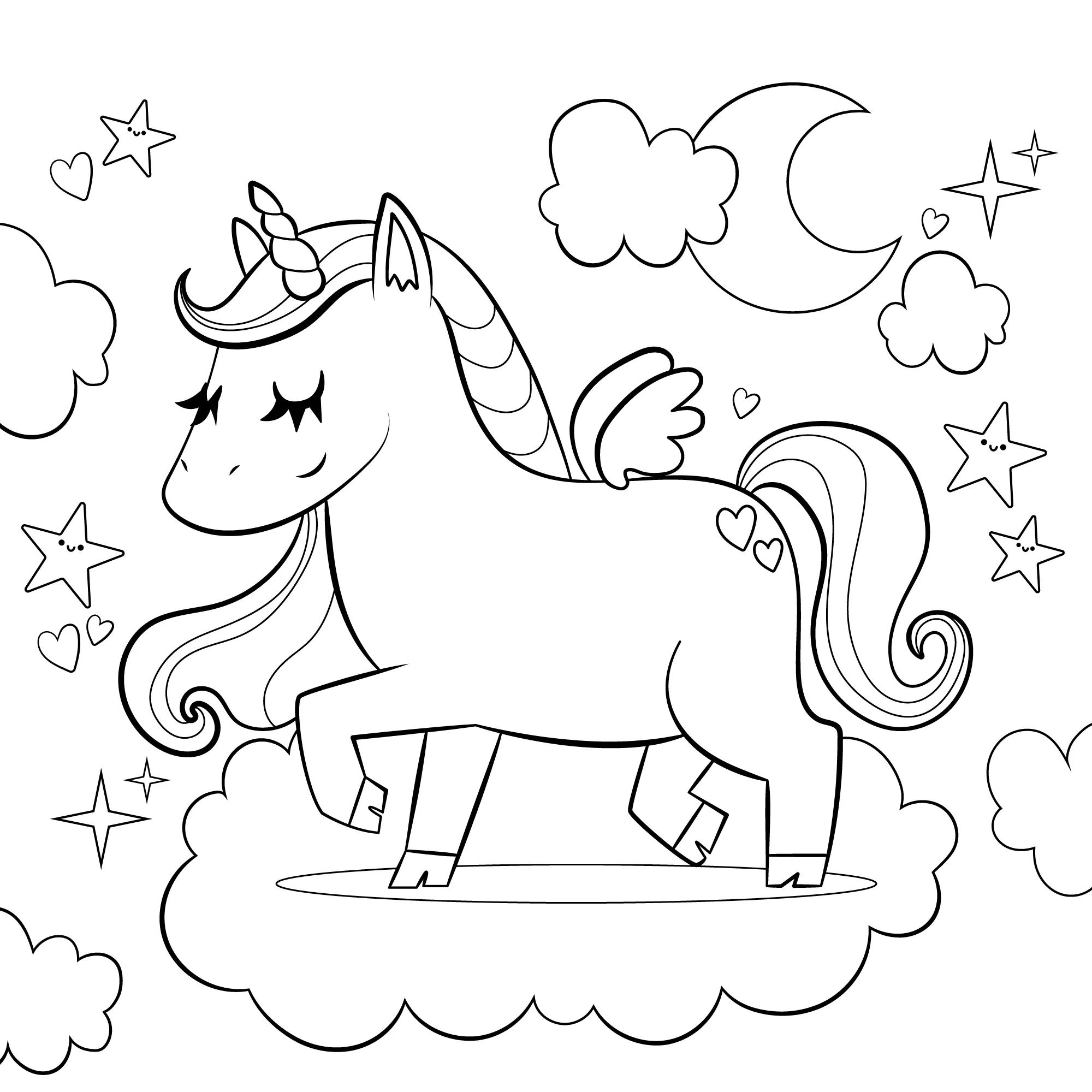 Ver dibujo completo de Unicornio Alado en las Nubes para colorear Dibujo de Unicornio Alado en las Nubes para colorear e imprimir gratis - Plantilla en alta calidad