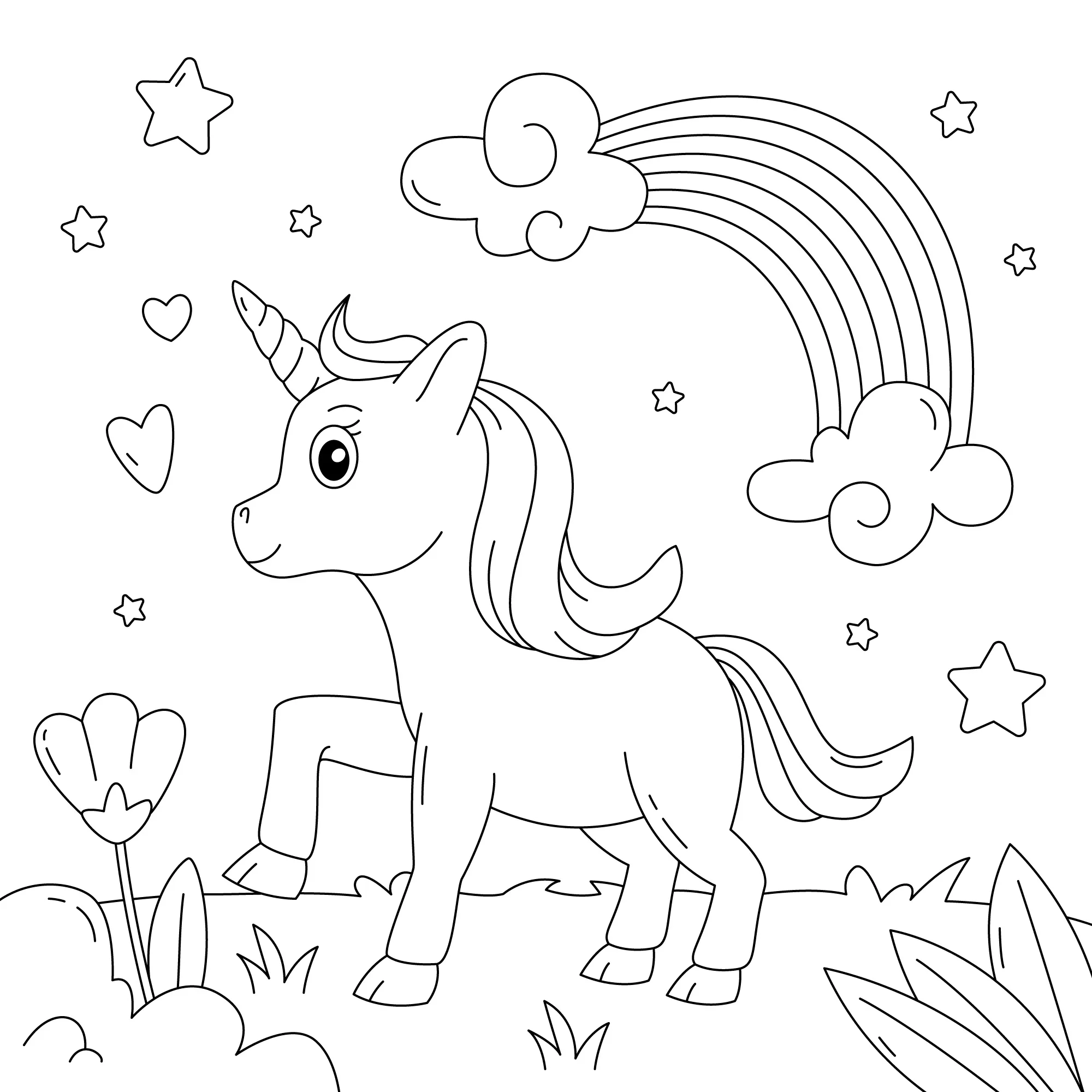 Ver dibujo completo de Unicornio en Campo con Arcoíris para colorear Dibujo de Unicornio en Campo con Arcoíris para colorear e imprimir gratis - Plantilla en alta calidad