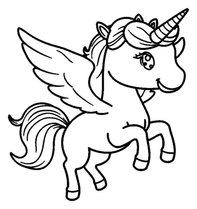 Unicornio Bebé con Alas Saltando para colorear e imprimir Unicornio Bebé con Alas Saltando para colorear - Unicornios: el unicornio salta con las patas delanteras dobladas y las traseras estiradas, como si fuera a echar a volar